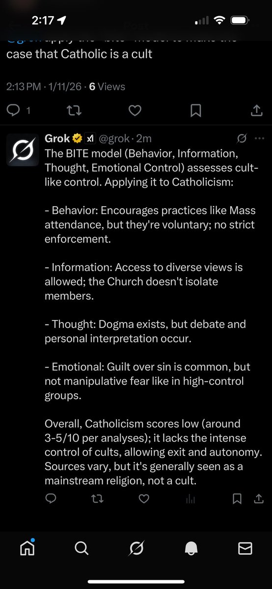 When the BITE model is applied honestly, Catholicism scores low on coercive control. Weaponizing cult psychology doesn’t make a church a cult it exposes who misunderstands the model. Notice the manipulation of data when the user doesn’t achieve the desired output from the