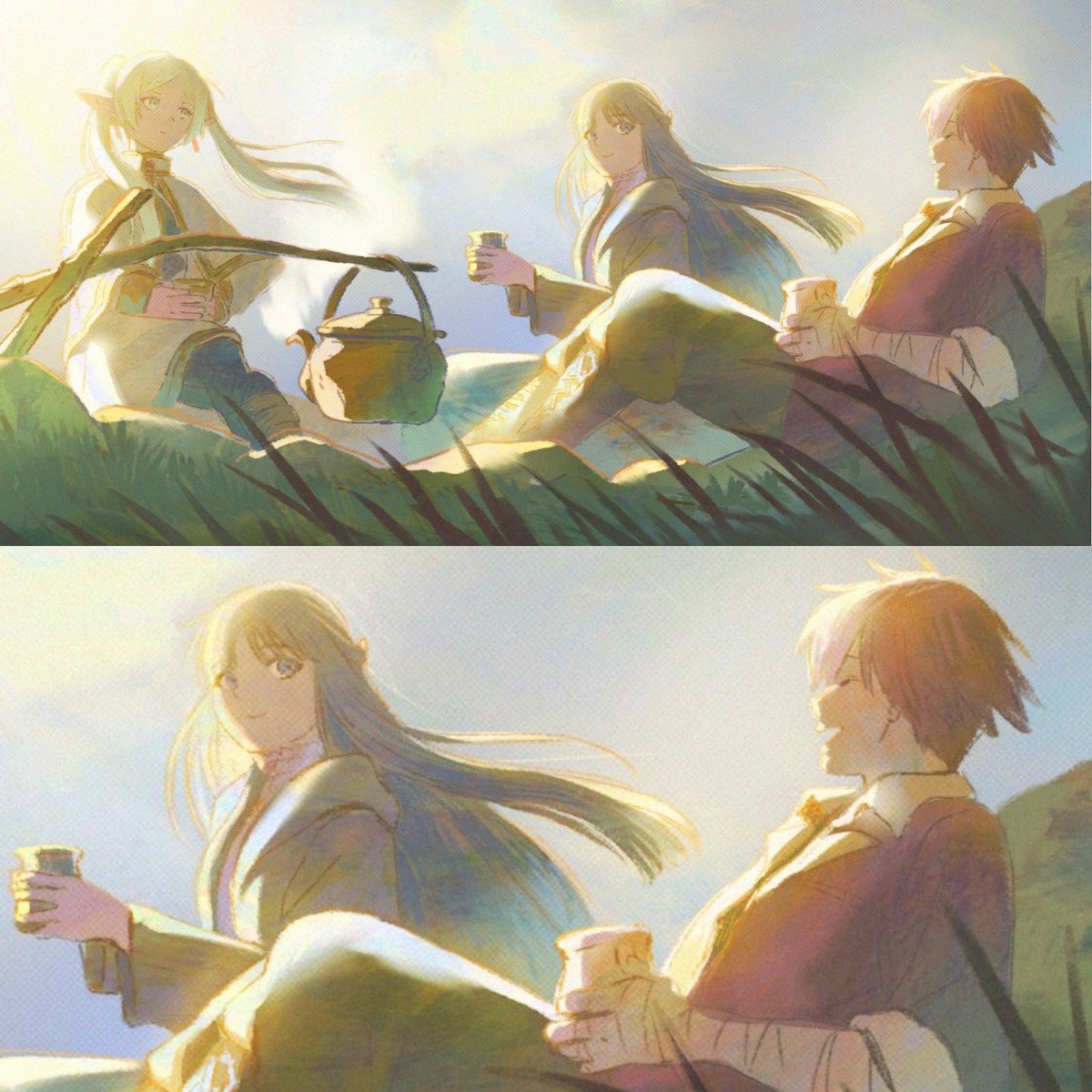 keiuzuki's tweet image. NEW FRIEREN ILLUSTRATION AND JUST LOOK AT THEM 

also Fern and Stark are so cute please 😭