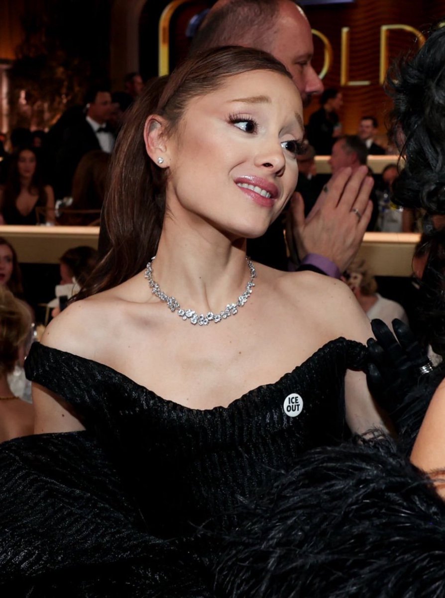 cambeserious's tweet image. ariana is wearing an “ice out” pin at the Golden Globes