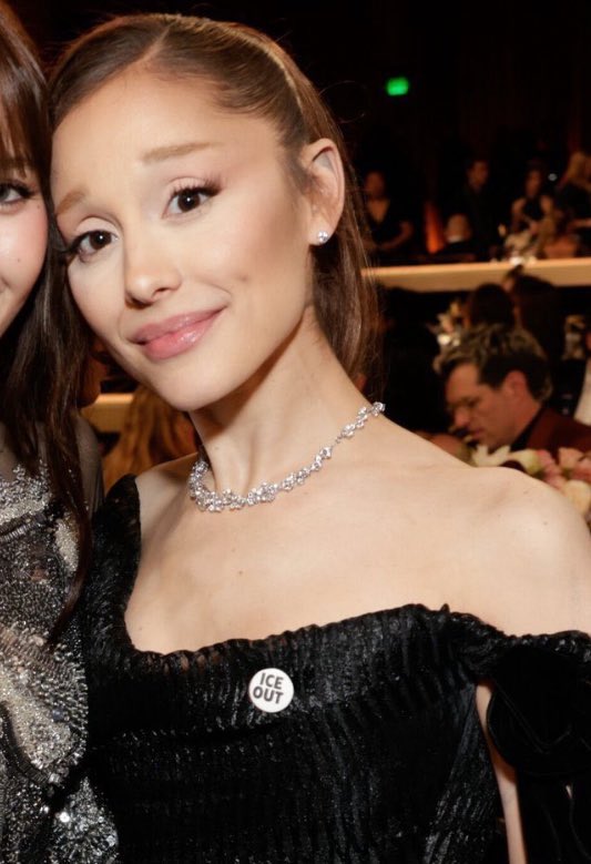 cambeserious's tweet image. ariana is wearing an “ice out” pin at the Golden Globes
