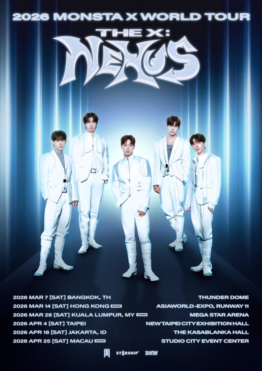 OfficialMONSTAX's tweet image. 📢
2026 MONSTA X WORLD TOUR
[THE X : NEXUS] IN ASIA

🔸 260307 (SAT) BANGKOK
🔸 260314 (SAT) HONG KONG (ADDED)
🔸 260328 (SAT) KUALA LUMPUR (ADDED) 
🔸 260404 (SAT) TAIPEI
🔸 260418 (SAT) JAKARTA
🔸 260425 (SAT) MACAU (ADDED)

#몬스타엑스 #MONSTAX #MONSTA_X
#MONSTAX_THEX_NEXUS…