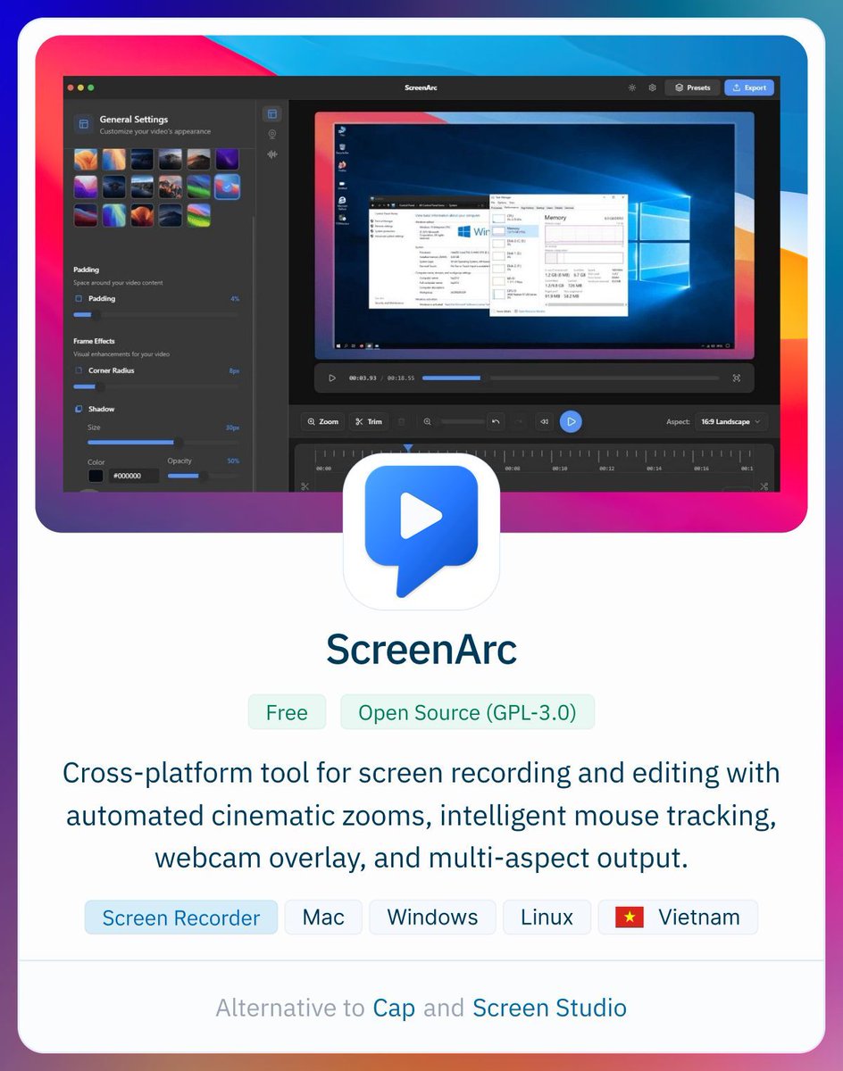 AlternativeTo's tweet image. New free, open-source screen recorder and editor with auto cinematic zooms, webcam overlay and mouse tracking. Available for Windows, macOS and Linux! alternativeto.net/software/scree…
