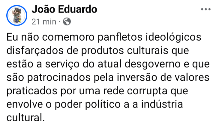 EduArtes's tweet photo. Eu não comemoro panfletos ideológicos disfarçados de produtos culturais que estão a serviço do atual desgoverno e que são patrocinados pela inversão de valores praticados por uma rede corrupta que envolve o poder político a a indústria cultural. https://t.co/qdtDd97xiL