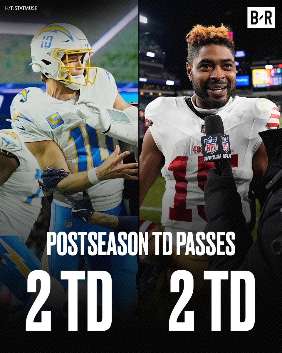 BleacherReport's tweet image. Justin Herbert and WR Jauan Jennings have THE SAME AMOUNT of TD passes in the NFL playoffs 😳