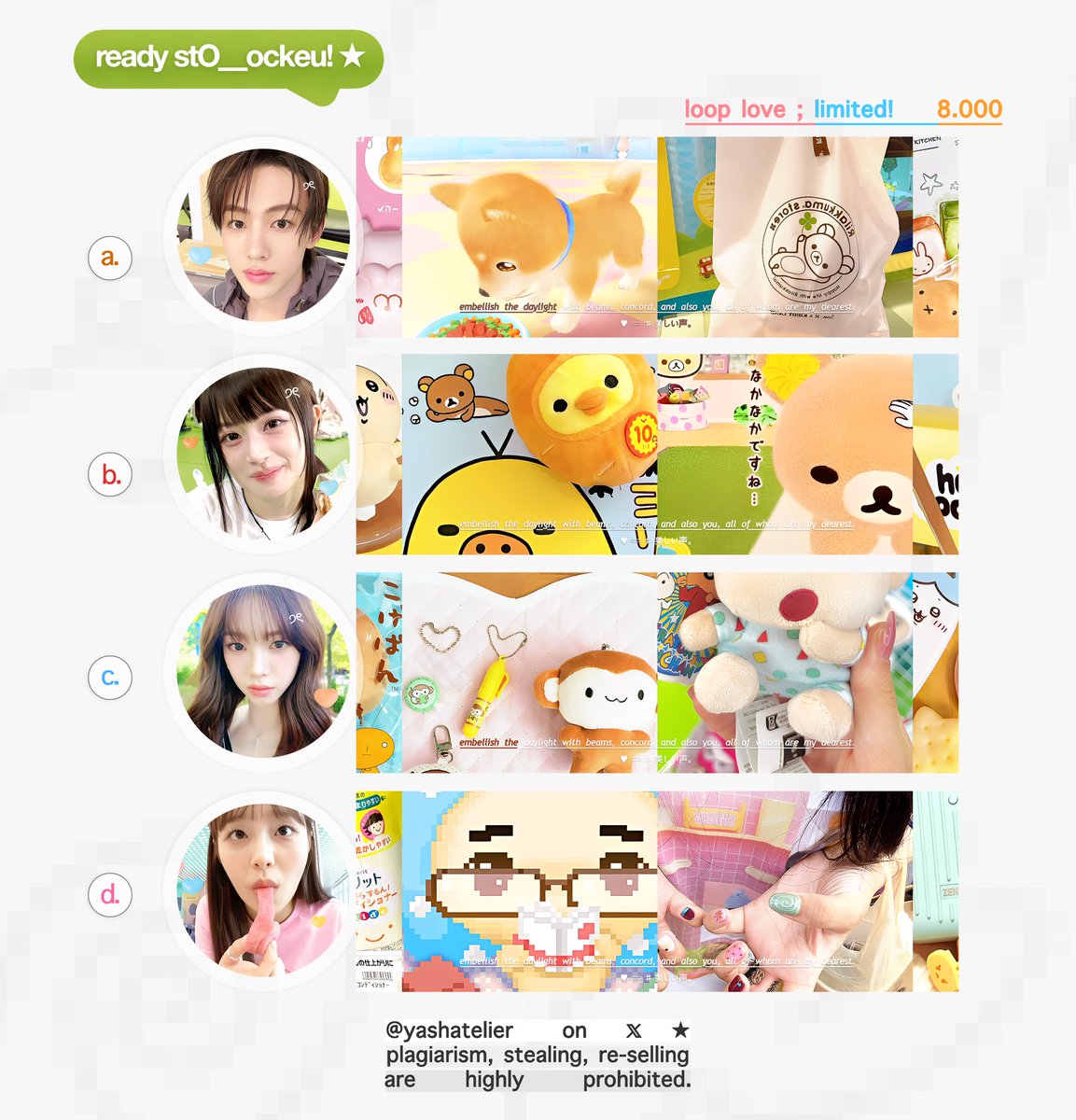 yashatelier's tweet image. help repost? thanks a bunch!

halo! yasha bawa 8 layout ready stock (rs) seonghyeon, dayeon, karina, chuu, minji, carmen, jiwoo, seowon yang bisa kamu take via DM sekarang! 📮 check ALT untuk price dan detail lainnya. payment all e-wallet via qris, happy shopping! 🤍 #zonauang