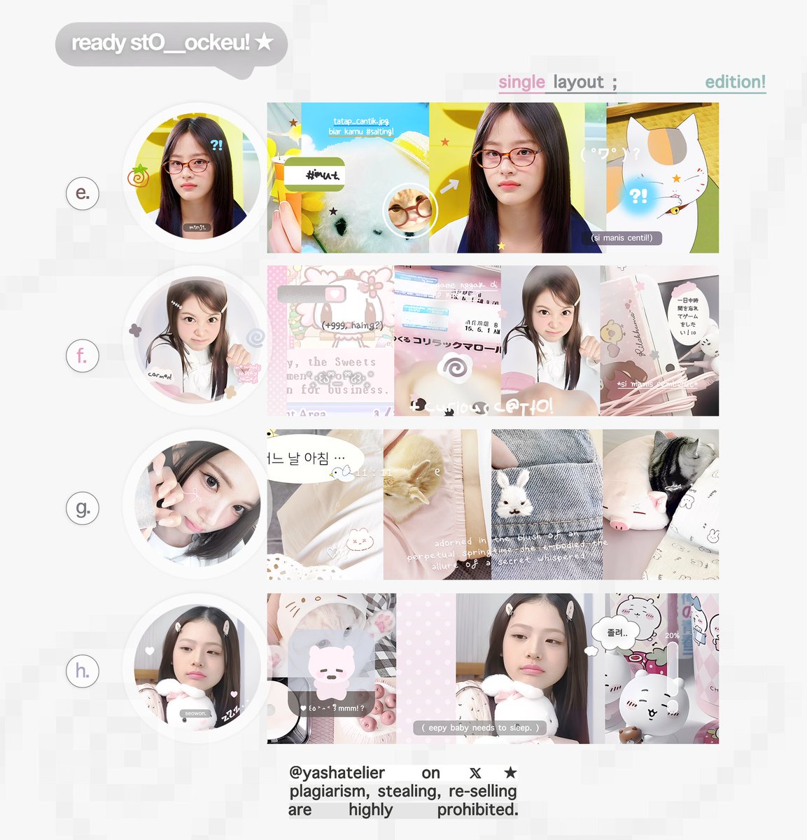 yashatelier's tweet image. help repost? thanks a bunch!

halo! yasha bawa 8 layout ready stock (rs) seonghyeon, dayeon, karina, chuu, minji, carmen, jiwoo, seowon yang bisa kamu take via DM sekarang! 📮 check ALT untuk price dan detail lainnya. payment all e-wallet via qris, happy shopping! 🤍 #zonauang