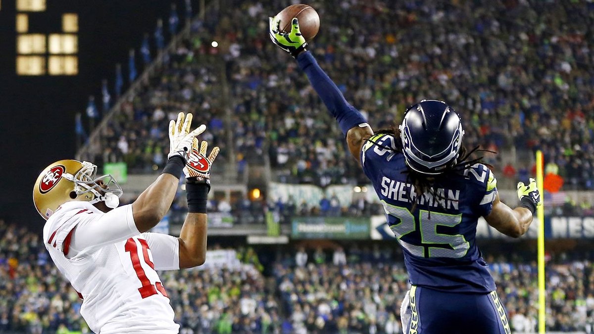 hawkblogger's tweet image. The last time the Seahawks hosted the 49ers at Lumen Field in the playoffs, a sorry receiver tried @RSherman_25.