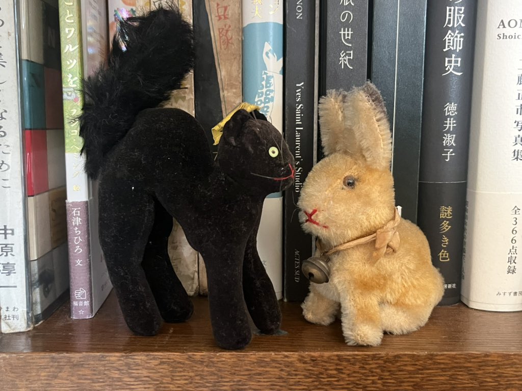 noir1129's tweet image. 家で暮らしているシュタイフの黒猫とウサギが内緒話しをしていました。