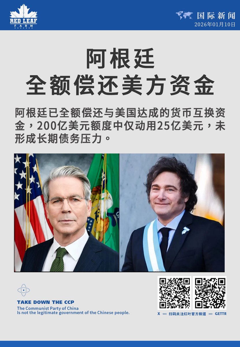 阿根廷全额偿还美方资金阿根廷已全额偿还与美国达成的货币互换资金，200亿美元额度中仅动用25亿美元，未形成长期债务压力。 #阿根廷#美国#货币互换#