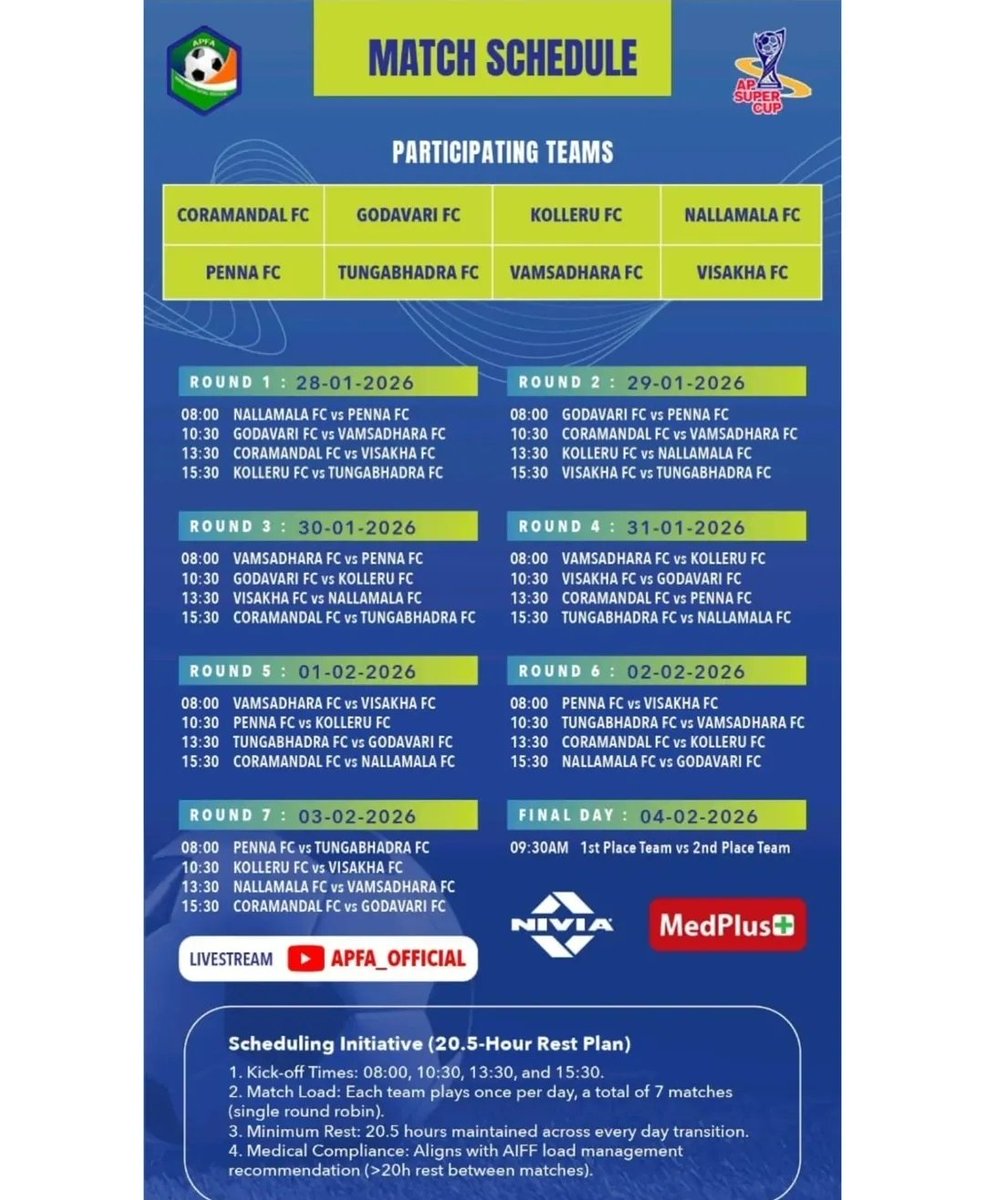 g_roshan39969's tweet photo. @apfa_official just published the schedule of the 2nd edition of AP Supercup which will start end of january. It will be an official state league for the national level.
Matches will be streamed on their YT Channel #APFootball @IMinnows
@fni @alnshbdr
https://t.co/nnbgcogWgr https://t.co/x7sISM6igA