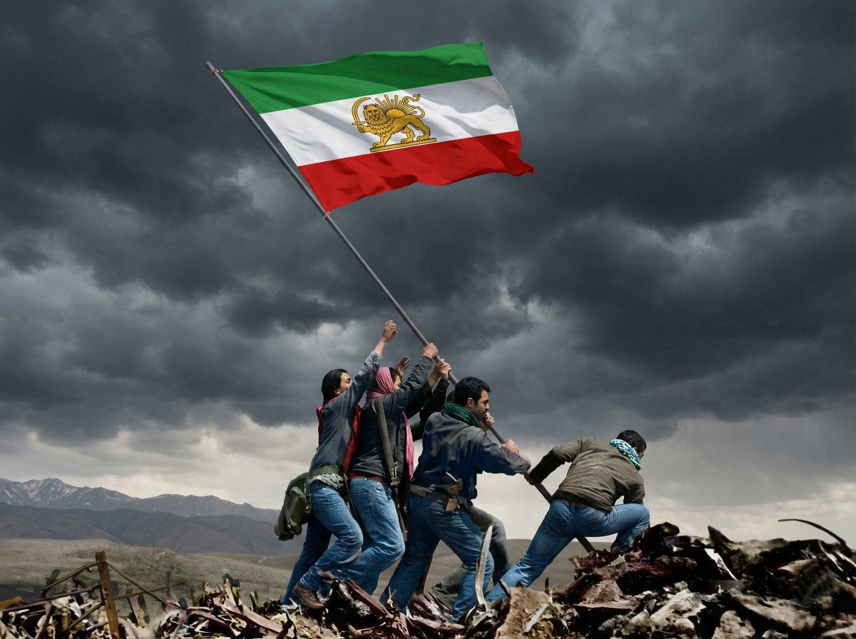 CPHOSTX's tweet photo. @MahyarTousi #FreeIran #FreeIran2026 @MahyarTousi I love your YouTube channel, please keep up the great reporting. (little AI image I created based on the Raising the Flag on Iwo Jima) https://t.co/yBcA6SPij3