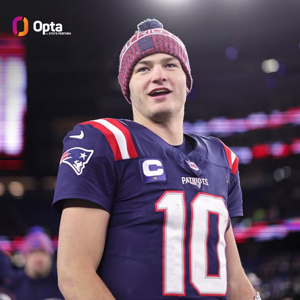 OptaSTATS's tweet image. Drake Maye of the @Patriots is the youngest player in NFL history with 250+ passing yards and 50+ rushing yards in a playoff victory.