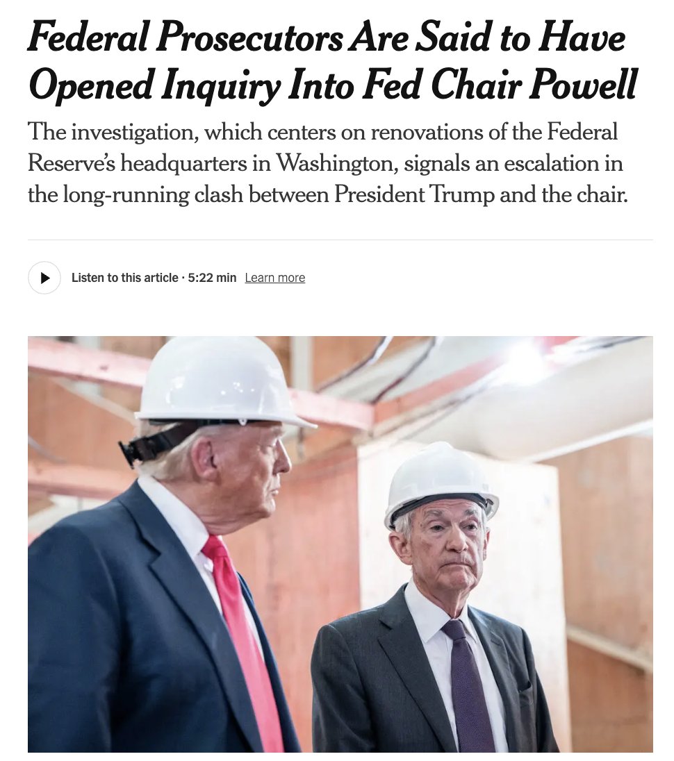 blocktrainer's tweet image. Laut Quellen der @nytimes haben Staatsanwälte eine strafrechtliche Untersuchung gegen Jerome Powell eingeleitet, um zu klären, ob er den Kongress wegen der zu teuren Renovierung des Fed-Hauptsitzes in die Irre geführt hat. 🇺🇸

Wird Powell jetzt doch noch seines Amtes enthoben?👀