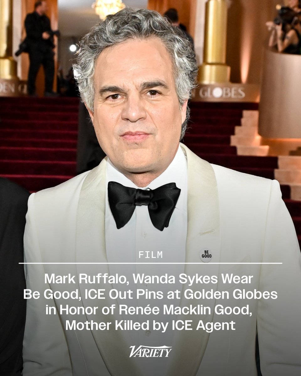 Celebrities such as Mark Ruffalo  wore pins to the #GoldenGlobes with the messages “Ice Out” and “Be Good” to honor the memory of Renée Macklin Good, who was killed by ICE in Minneapolis this week.
variety.com/2026/film/news…