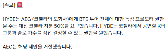 하이브 졸라 나대네  
코첼라 지분 50% 먹으려다 실패했대 
블핑 코첼라 헤드라이너 됐을 때도 대노하셨다는데?ㅋ ㅋ ㅋ