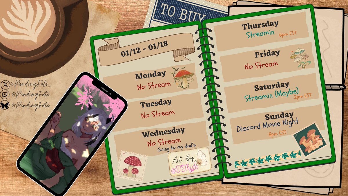 The schedule for this week! I won't be streaming on Wednesday cuz I am going to my dad's.