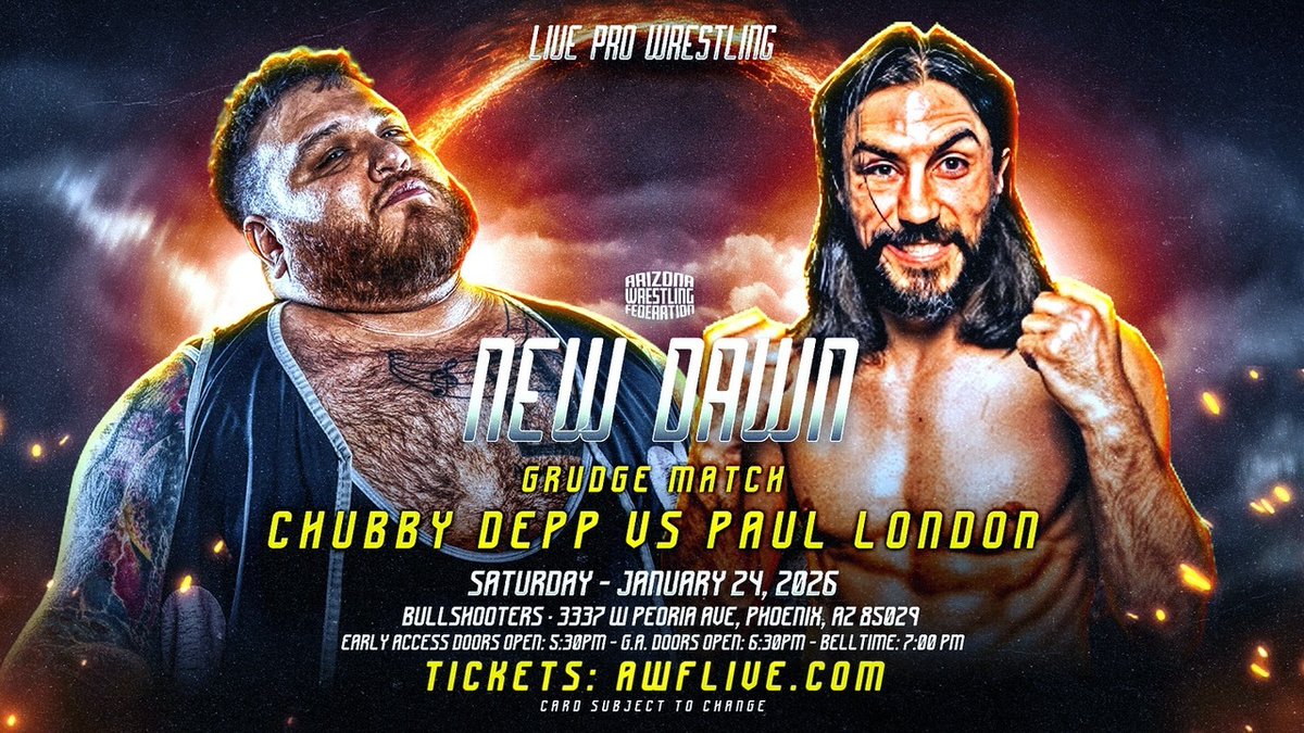 prowrestlingaz's tweet image. SAT 1/24: CHUBBY DEPP vs PAUL LONDON at NEW DAWN! TICKETS: …-wrestling-federation-llc.square.site/product/awf-ne…