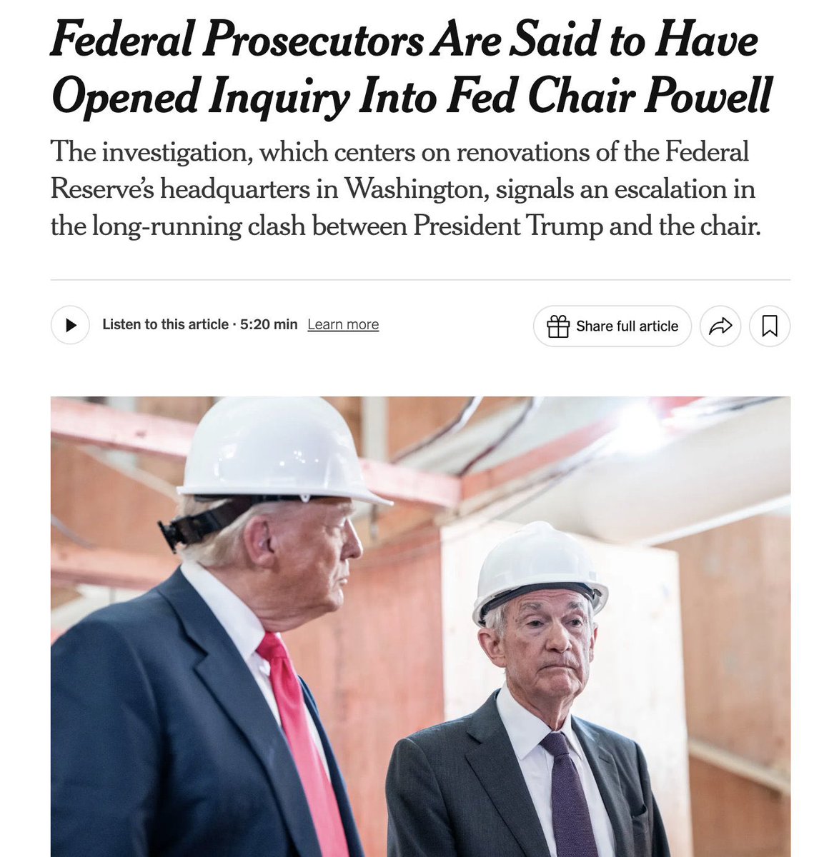 NYTがワシントンD.C.の連邦検察官が、FRBのパウエル議長に対する刑事捜査を開始したと報じている。これは、FRBの25億ドル の本部改修工事に関連し、彼がこのプロジェクトについて議会を欺いたかどうかを調べるもの。この建設は予算を約7億ドル超過していると言われている。