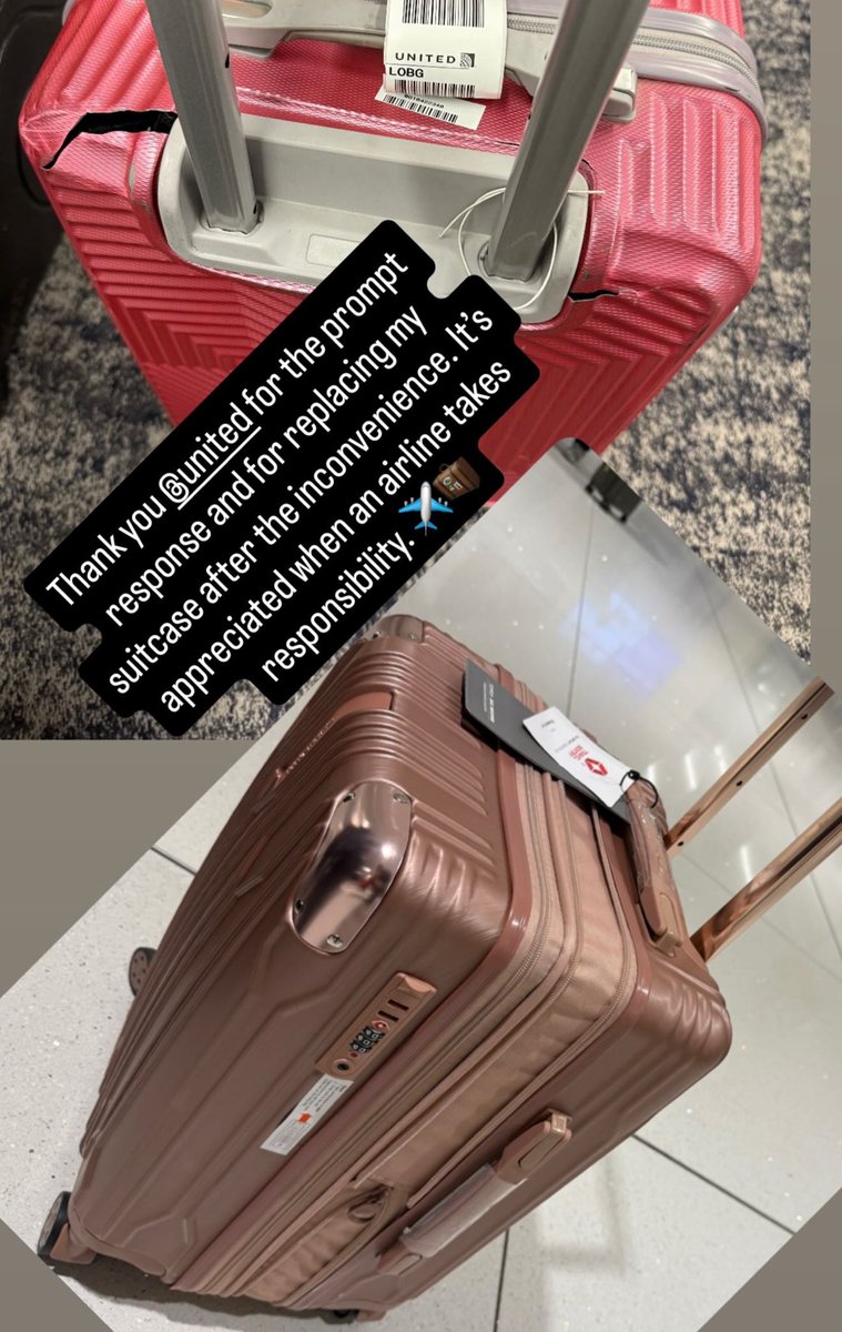 Giis13's tweet photo. Thank you @United for the prompt response and for replacing my suitcase after the inconvenience. It’s appreciated when an airline takes responsibility. ✈️🧳 https://t.co/yNobK5A3Yn