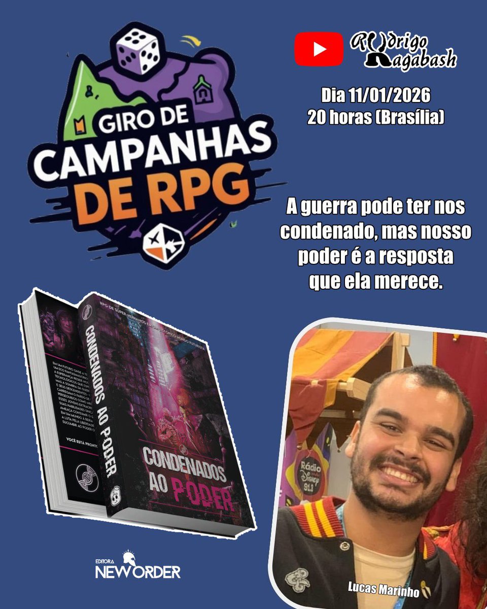 Hoje no Giro de Campanhas de RPG, eu e o Lucas Marinho batemos um papo sobre "Condenados ao Poder", o novo cenário de Fantasia Sombria da Editora New Order!

Vem conferir esse universo brutal: 📺 Assista aqui: youtube.com/live/Jn9pLcJ-6…

#RPG #CondenadosAoPoder #GiroDeCampanhas