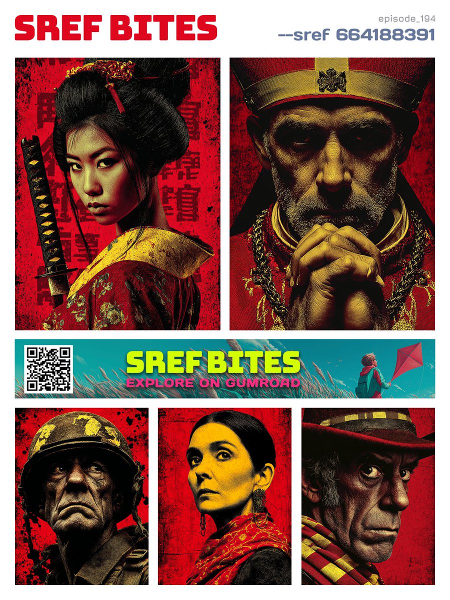 srefbites's tweet image. Welcome to Episode 194 of SREF Bites

Today’s SREF is 664188391.

Scan the QR code to browse the full SREF Bites collections on Gumroad or check my profile here: daviddark0.gumroad.com

This style is built on brutal contrast, dominant reds, and aged painterly textures that feel…