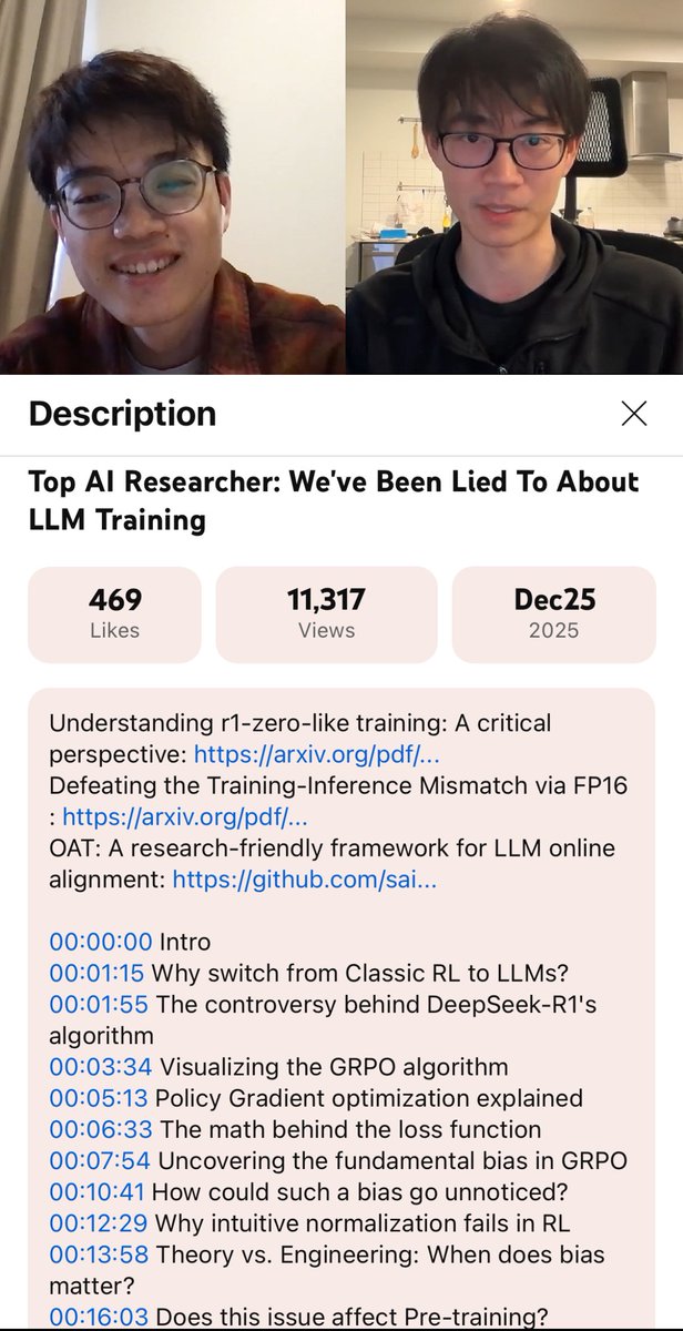 ZacharyHuang12's tweet photo. ⚠️ Your LLM RL training may be silently broken!

I recently had a deep dive podcast with @zzlccc from Sea AI Lab on the silent bugs in LLM Post-training. His recent work challenges the theoretical basis of DeepSeek’s GRPO and uncovered a precision issue highlighted by Andrej Karpathy. 

1. The Math in GRPO is Actually Wrong?
The GRPO formula includes a term that divides by response length (1/L). This introduces length bias. With positive advantage, shorter responses get amplified weights so the model learns to take shortcuts. With negative advantage, long rambling errors get penalized less.

The Intuition Trap: We often apply SFT intuition (averaging loss over tokens) to RL. But RL optimizes for Expectation, not Average. Since the probability of generating a long response is naturally lower than a short one, the math already self-balances. Dividing by length again is "double-dipping" and breaks the unbiased nature of the policy gradient.

2. RL Training Instability? Blame BF16.
RL pipelines often split engines: vLLM for rollout (inference) and DeepSpeed for update (training). The industry standard BF16 trades precision for dynamic range. This low precision amplifies the numerical mismatch between engines, causing severe instability.

The fix is counter-intuitive: switch back to "legacy" FP16. In RL, you need precision, not range.

3. Not All Biases Are Created Equal. There is a "Hierarchy of Bias":
Level 1 (Theoretical): GRPO's length bias. A mathematical error that needs a fix. 
Level 2 (Approximation): PPO Clipping. A deliberate variance-bias trade-off for stability. Acceptable. 
Level 3 (Numerical): BF16 artifacts. Engineering noise. Mitigate via FP16.

4. Why Does This Only Break in RL? It comes down to Goal.

For pre-training, you're starting from scratch with wild gradient swings. You need BF16's range to prevent overflow. 
For RL, the model is already smart and you're fine-tuning within a strictly bounded KL constraint. The gradients are tiny. The numerical noise drowns out the actual signal. You need the precision of FP16.