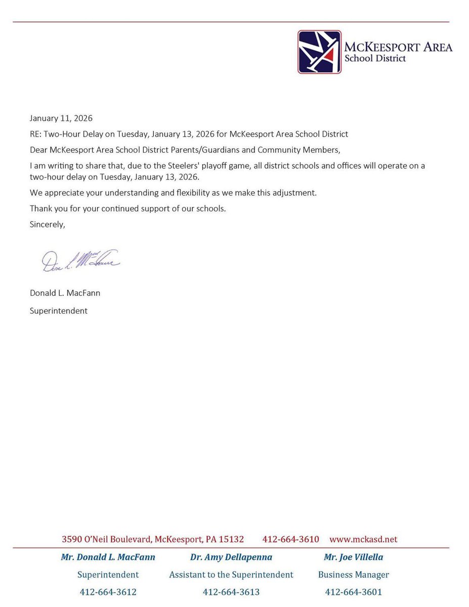 BobGreenburg's tweet photo. The McKeesport School District has a 2 hour delay on Tuesday for the Steelers game! 🐐move!! https://t.co/10eoUvJIMs