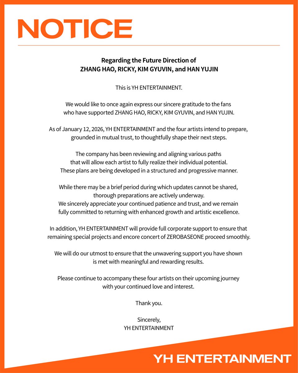 yhent_official's tweet image. [NOTICE] 장하오, 리키, 김규빈, 한유진 향후 활동 안내