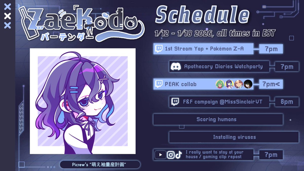 zaekodo's tweet image. First schedule of 2026!!

Doing my best &amp;gt;&amp;lt;

Returning from hiatus tomorrow, see you soon! 🍻🐾