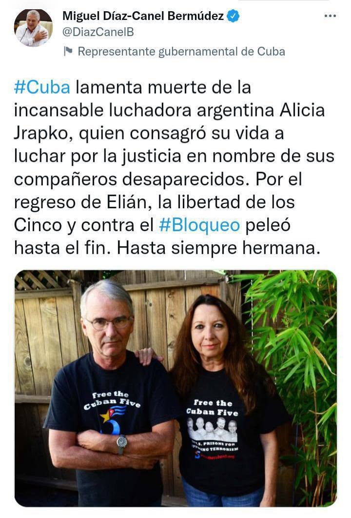 En el cuarto aniversario de su desaparición física, recordamos con cariño a nuestra hermana #AliciaJrapko, quien hizo suya la causa de #LosCinco #Cuba #CDRCuba