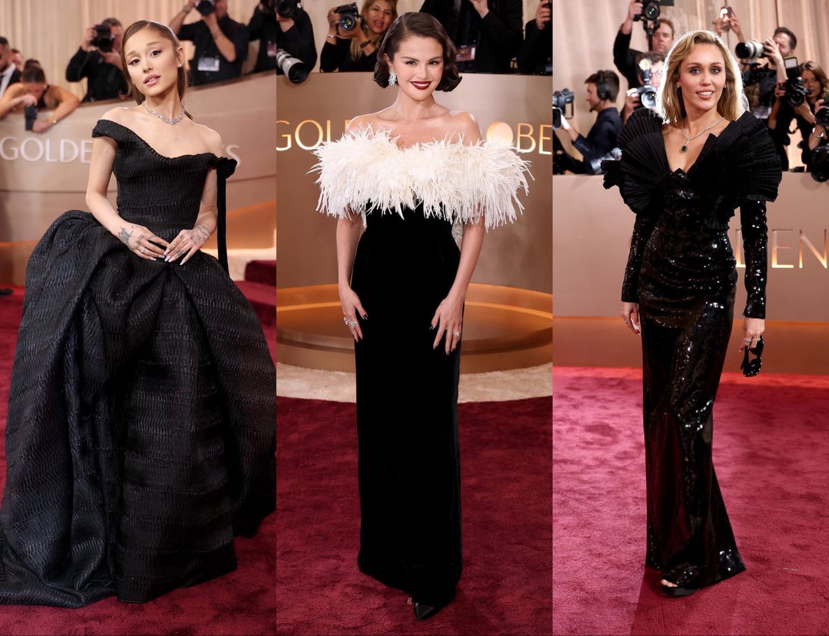 SGchartupdate's tweet image. Our generation ex-acts, Ariana Grande, Selena Gomez and Miley Cyrus all wearing black at the #GoldenGlobes