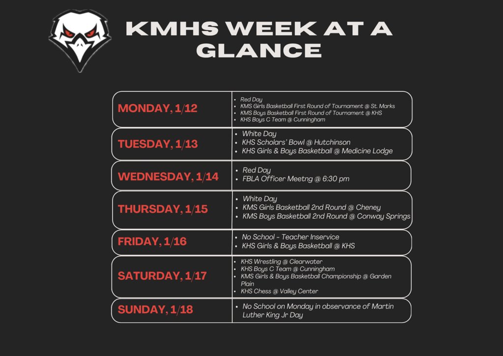 We have a four-day week this week and next.  Good luck to our middle school basketball teams in their tournaments this week as their season comes to an end. We encourage our students to continue to focus on their academics and stay on top of their homework.