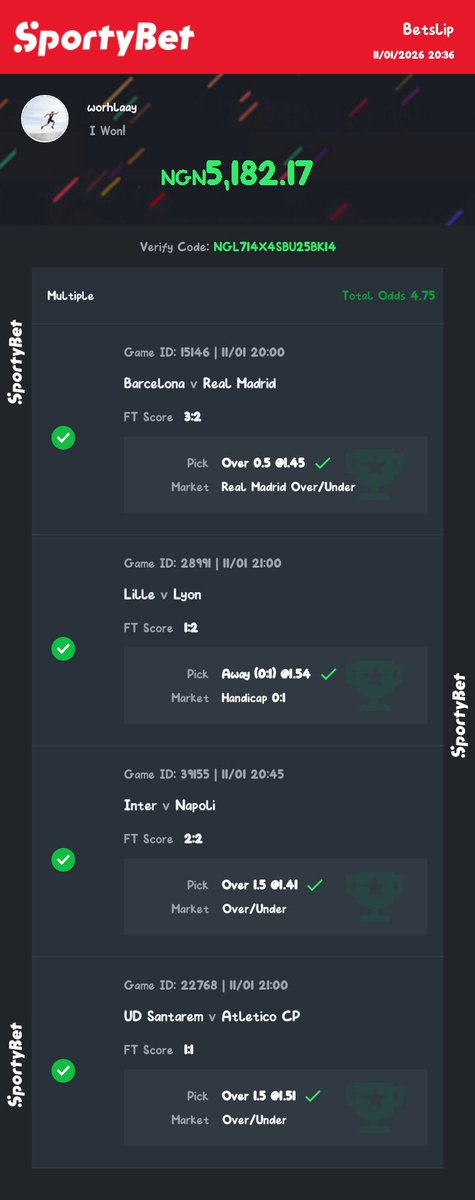 Lahmmether's tweet photo. Check out my big win on
#SportyBet !
 https://t.co/pNb5CNtwSe https://t.co/3aA49OAhAM