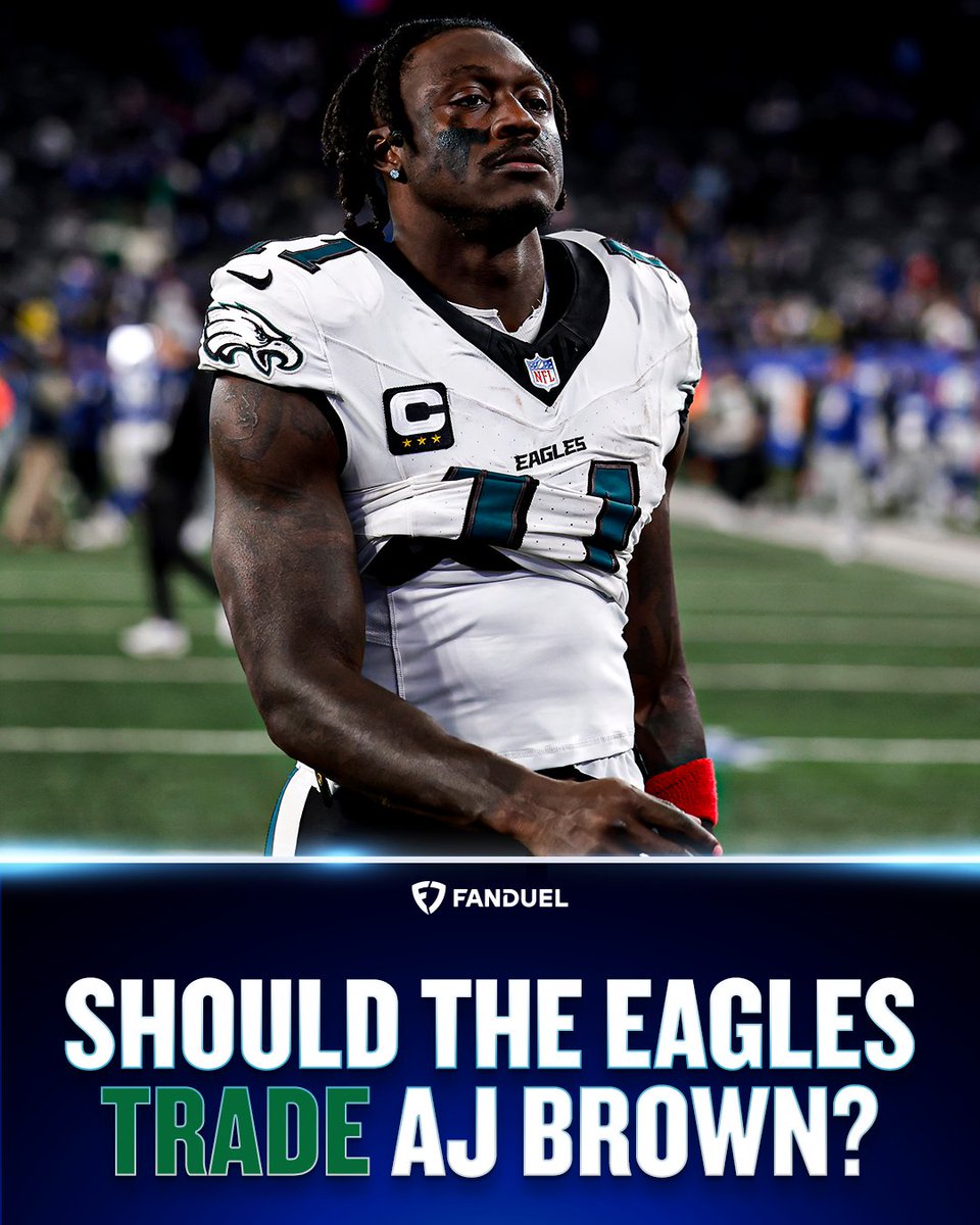 FDSportsbook's tweet photo. AJ Brown this season: 

🦅 121 targets
🦅 78 receptions
🦅 1,003 receiving yards 
🦅 7 TDs 
🦅 12.9 yards per reception (career-low) 

Is it time for a fresh start? 🤔 https://t.co/LtttjykIDU