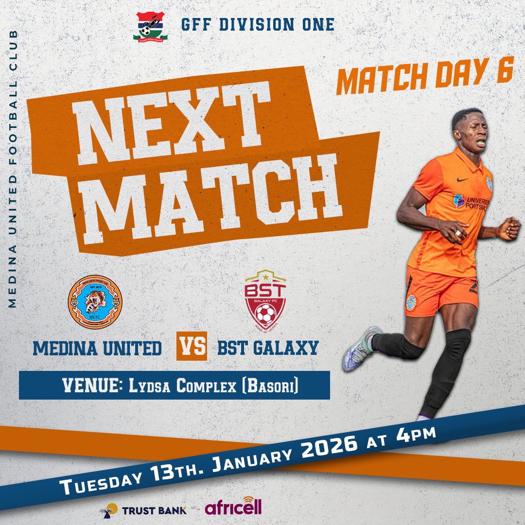 Medina United is set to travel to Basori for a thrilling showdown against BST Galaxy on Match Day 6.
 
📆Tuesday 12th. January 2026
⏰16:00 GMT
🏟️ Lydsa (Basori)
