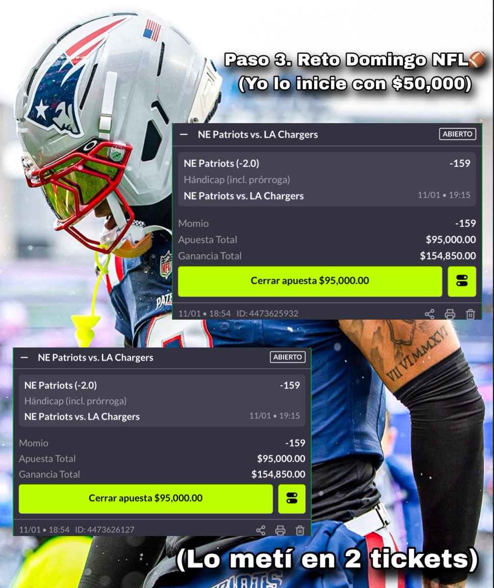 Todos los que confíen en mí otra vez dejen un ❤️🔄 de la suerteee 😎

Paso 3 y último del Reto Domingo #NFL $1,600 a $10,000🪜

Yo lo inicié con $50,000 este reto, voy por todas las canicas alv😈

(Lo tuve que meter en 2 tickets) no me dejaba en uno porque es mucho dinero