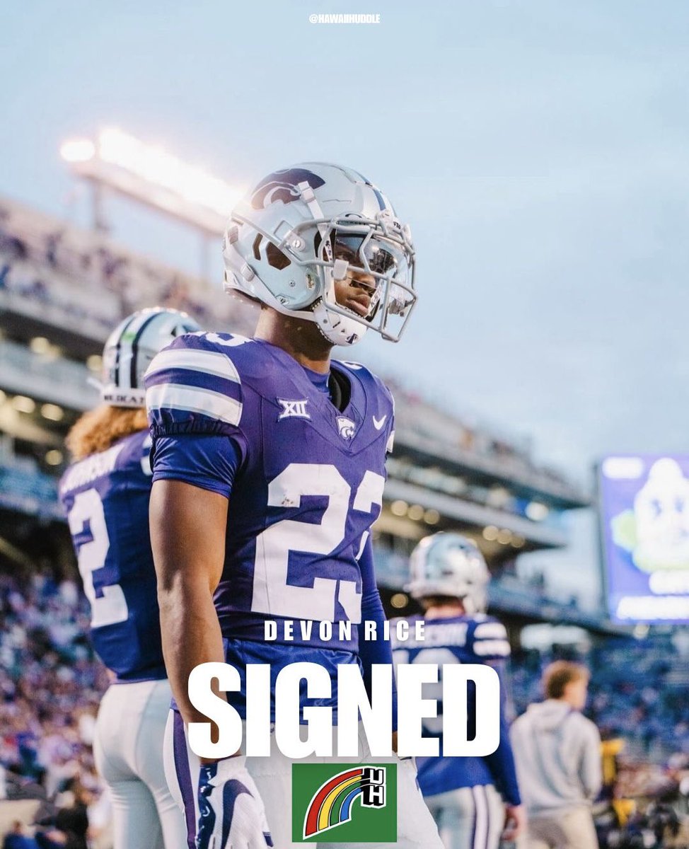 HawaiiHuddle's tweet photo. JUST IN: Kansas State RB transfer DeVon Rice has signed with Hawai'i. 

The Bishop Gorman product totaled 127 total yards and 3 TD in 2025. Rice is a former Hawai'i commit. 

Welcome home @dev_dimes 🌈

#BRADDAHHOOD #GoBows https://t.co/dmMzVsixAe