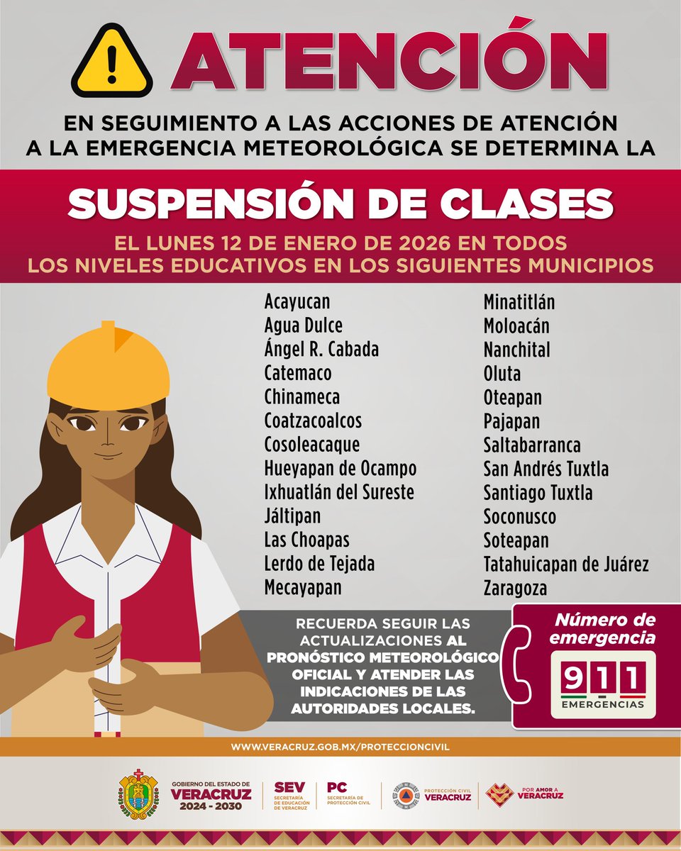 Ante el pronóstico de lluvias significativas para el sur del estado el día lunes 12 de enero, el Comité Estatal de Emergencias ha determinado la suspensión de clases en los siguientes municipios: