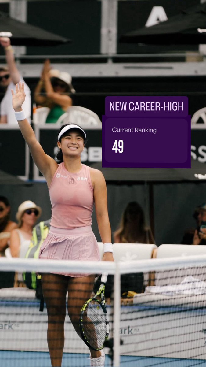 DYANCASTILLEJO's tweet image. ALEX ON THE RISE 💪

Alex Eala climbs to a new career-high No. 49, building on her historic Miami run last year that sparked her surge into the Top 50 by the end of 2025

This month, she’ll be making her Australian Open Main draw debut! 🎾

📷WTA, Alex Eala IG