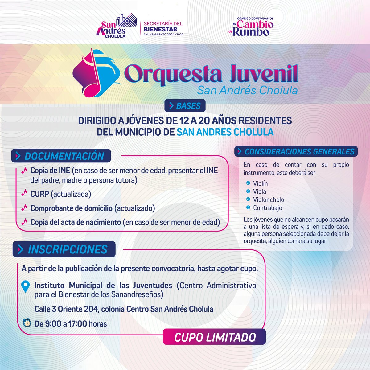 🥁 ¡Te estamos buscando! Si tienes entre 12 y 20 años, participa en el proceso de selección de la “Orquesta Juvenil de #SanAndrésCholula”, un proyecto en el que aprenderás y compartirás tu pasión por la música. 🎻

#ContigoContinuamosElCambioDeRumbo