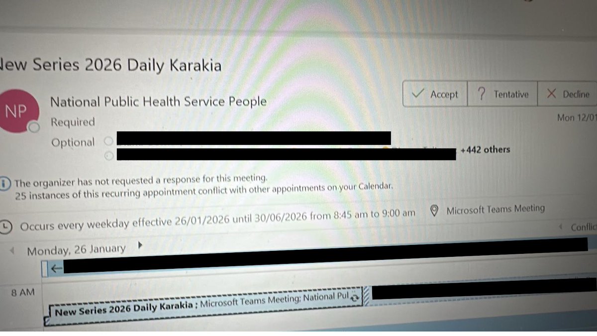 aniobrien's tweet image. National Public Health have set an all of department karakia (prayer) session everyday for 2026. 

"It's just 15min per day!" Ok let's do the math:

52 weeks × 5 days = 260 weekdays
Less 4 weeks AL, 12 public holidays, 10 sick days = 218

15min = 0.25 hours
0.25 × 218 = 54.5hrs…