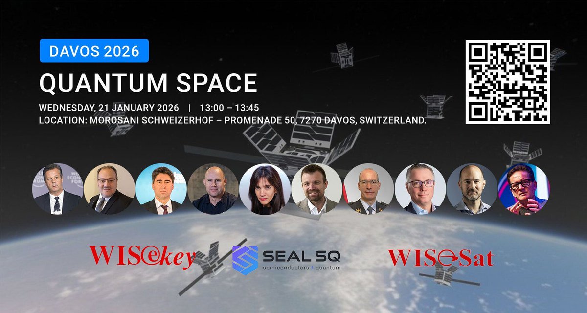 WISeKey's tweet photo. 🚀 Next stop: Quantum Space. Join us at #Davos2026.
Exploring how quantum tech & satellites are securing the future of space communications.
📅 21 Jan | 13:00 CET
📍 Davos
🔗 https://t.co/XUSeYvwB1t
#QuantumSpace #SpaceTech #Quantum #Satellite #WISeKey #WISeSat #SEALSQ https://t.co/CftOZSXmcP