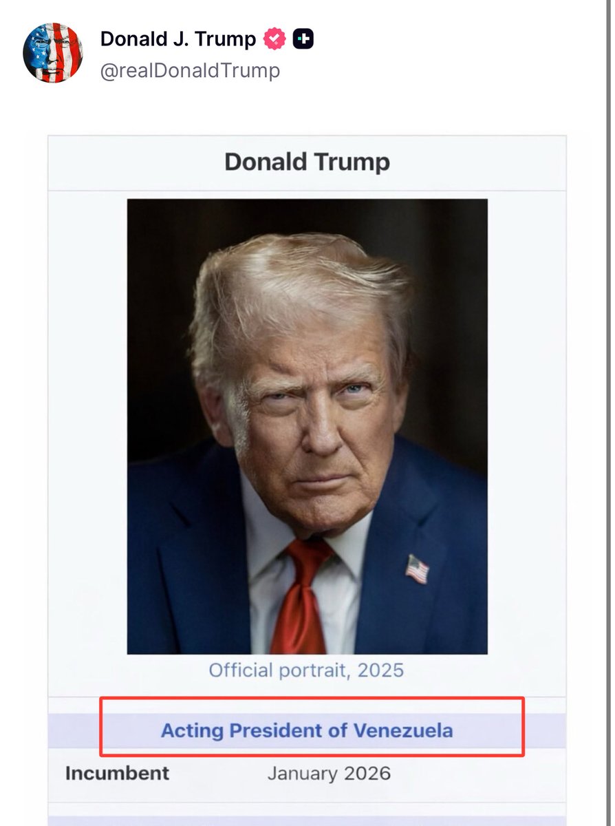 BRICSinfo's tweet image. JUST IN: 🇺🇸🇻🇪 US President Trump posts image of himself saying he is the "Acting President of Venezuela."