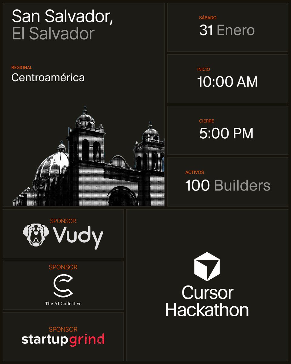 Join us for the 2nd edition of Cursor Hackathon in El Salvador, spots are limited.

luma.com/9v6p0gz6