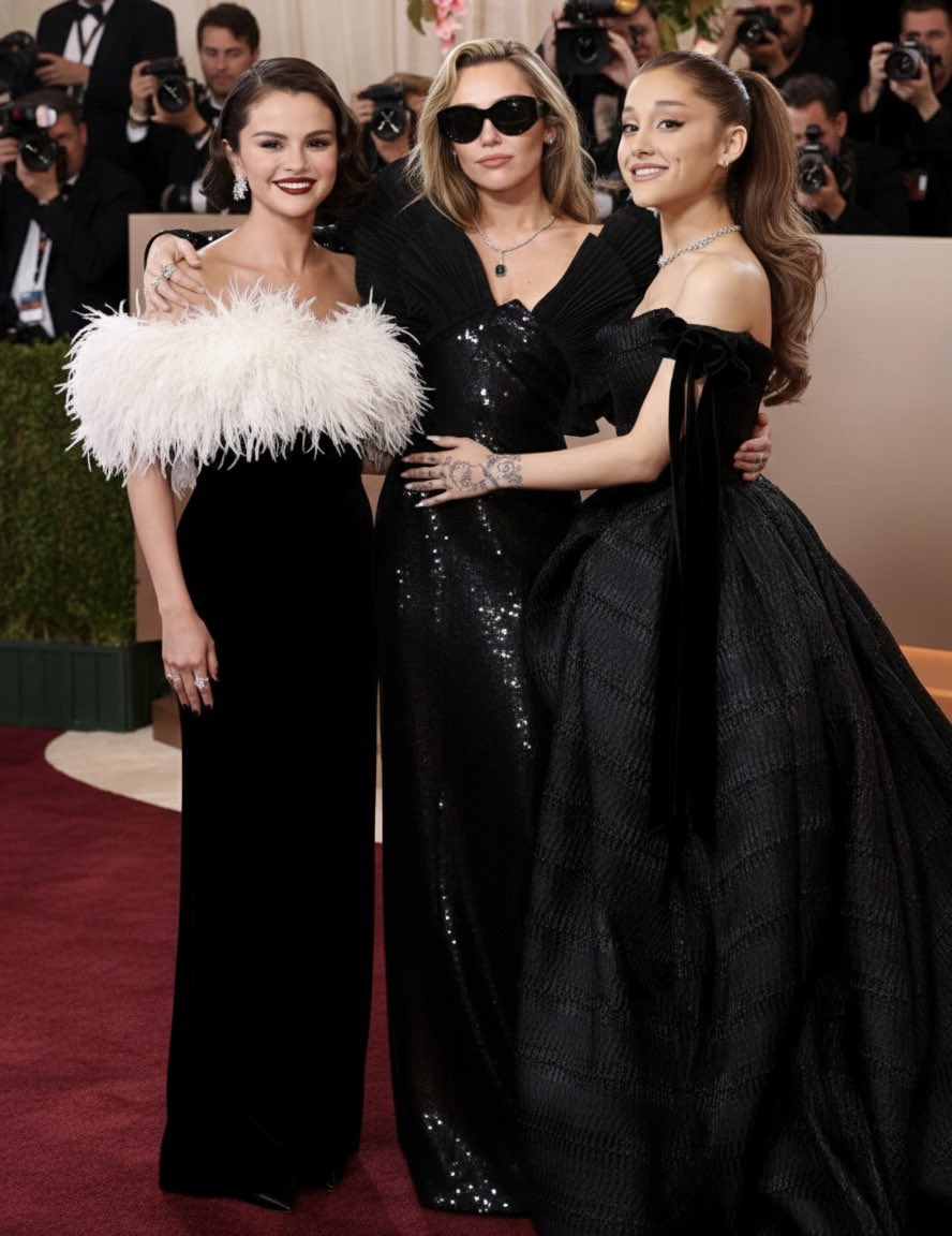 selenafortune's tweet image. selena gomez, miley cyrus and ariana grande at the 2026 golden globes