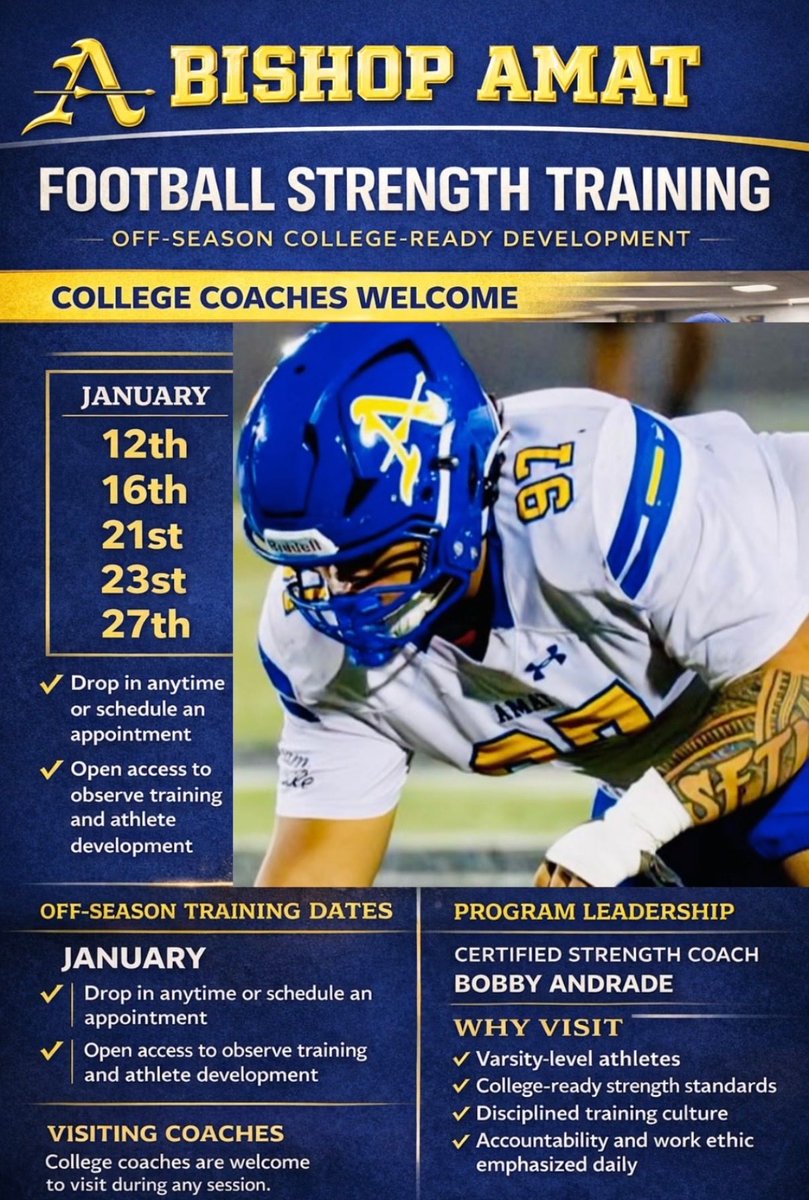 amat_football's tweet image. College recruiters our doors are open at Bishop Amat.
Below are our lift days. You’re welcome to stop by campus anytime and see our guys put in real work. No shortcuts. Just development. 💪🏽🔵🟡
#RecruitingReady #AmatFootball #NextLevel