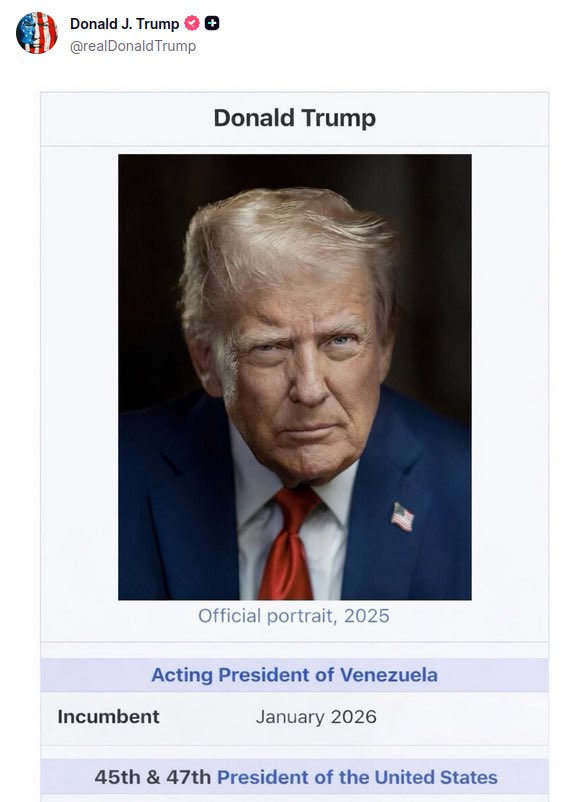 agusantonetti's tweet image. 🇺🇸🇻🇪 — Trump acaba de publicar esta imagen donde se coloca como “Presidente Interino de Venezuela”.
