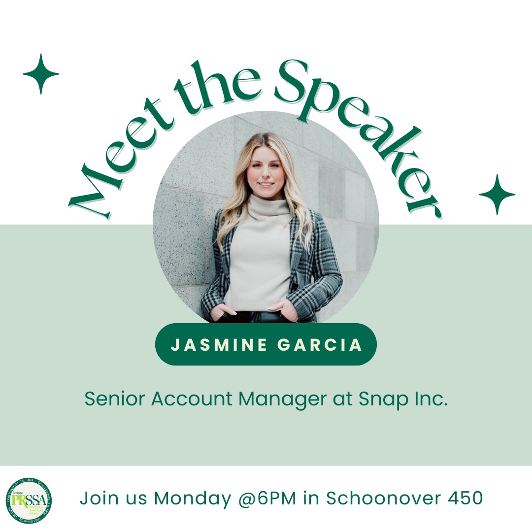 Welcome back! 📚. Our first guest speaker of the spring semester is Jasmine Garcia. Jasmine is an OU Alum, who graduated with her BSJ. She is now the Senior Account Manager at Snap Inc. We can't wait to see all of you tomorrow in Schoonover 450! 💚