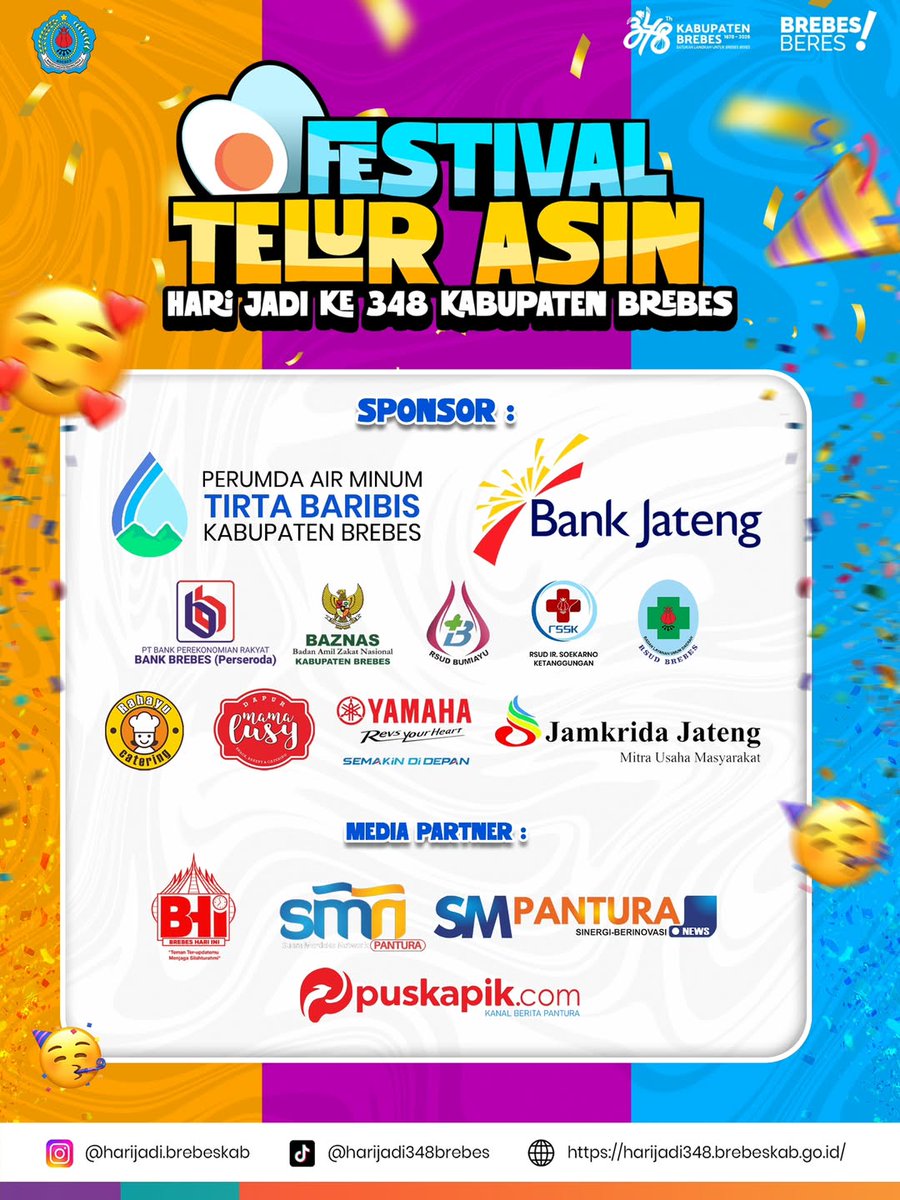 🥚🎉 Ayo Ramaikan Festival Telur Asin &amp; Hiburan Rakyat! 🎉🥚
Dalam rangka memperingati Hari Jadi ke-348 Kabupaten Brebes, mari datang dan meriahkan Festival Telur Asin yang penuh cita rasa khas Brebes, lengkap dengan hiburan rakyat yang seru dan menghibur semua kalangan.