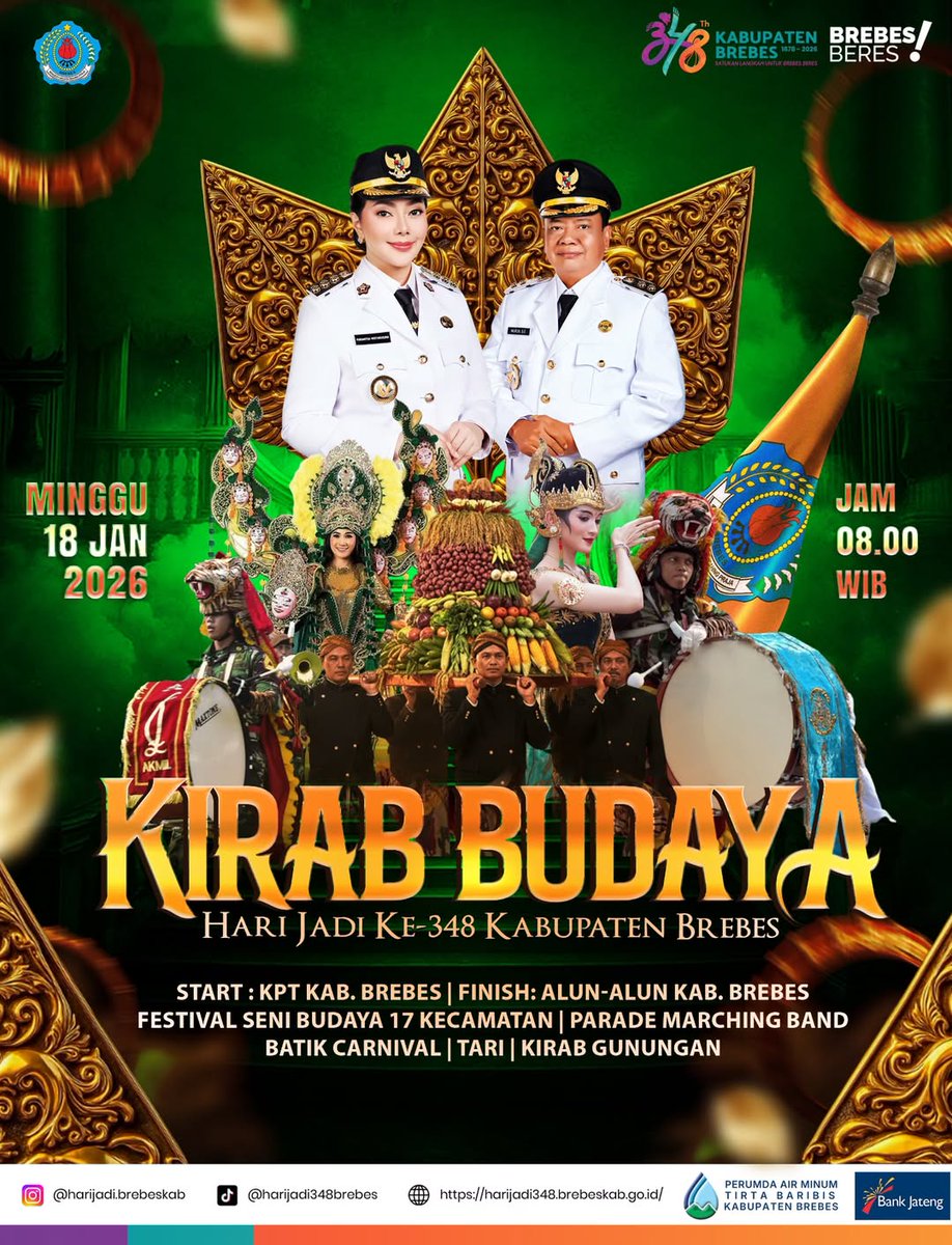 🔔 Wong Brebes, kumpul sini! 🔔
Kirab Budaya Hari Jadi ke-348 Kabupaten Brebes siap menghidupkan jalanan dengan ragam seni dan tradisi. Jangan cuma dengar ceritanya—ayo lihat langsung dan jadi bagian dari sejarah! 🎉